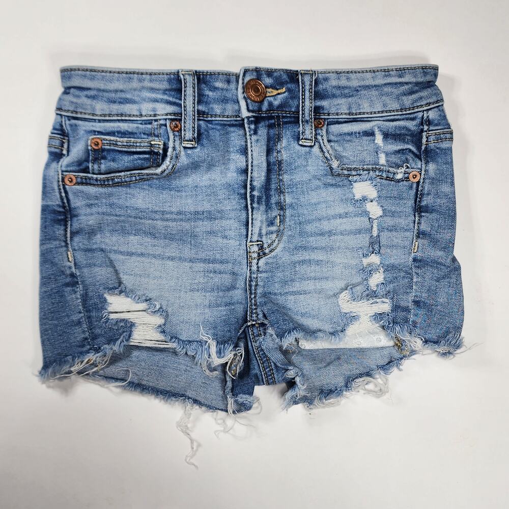 American Eagle Hi Rise Shortie Denim Shorts Women's 00 Light Wash Distressed